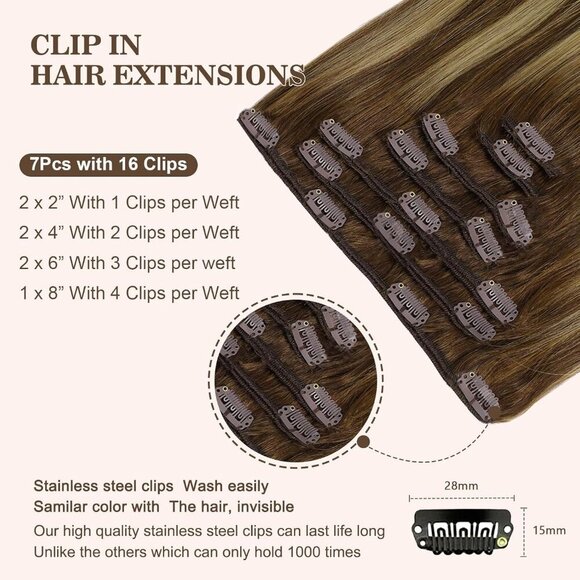 Clip in Hair Extensions Real Human Hair 14 Inch Brown Blonde Thick Straight - Picture 3 of 9